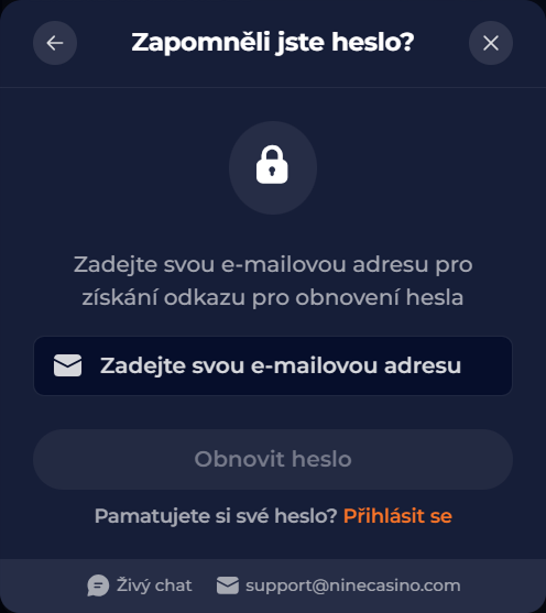 Nine Casino mobilní obrazovka pro obnovení hesla s formulářem pro zadání e-mailu