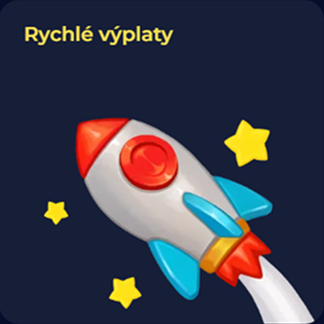 Raketa s nápisem Rychlé výplaty na tmavém pozadí s hvězdami