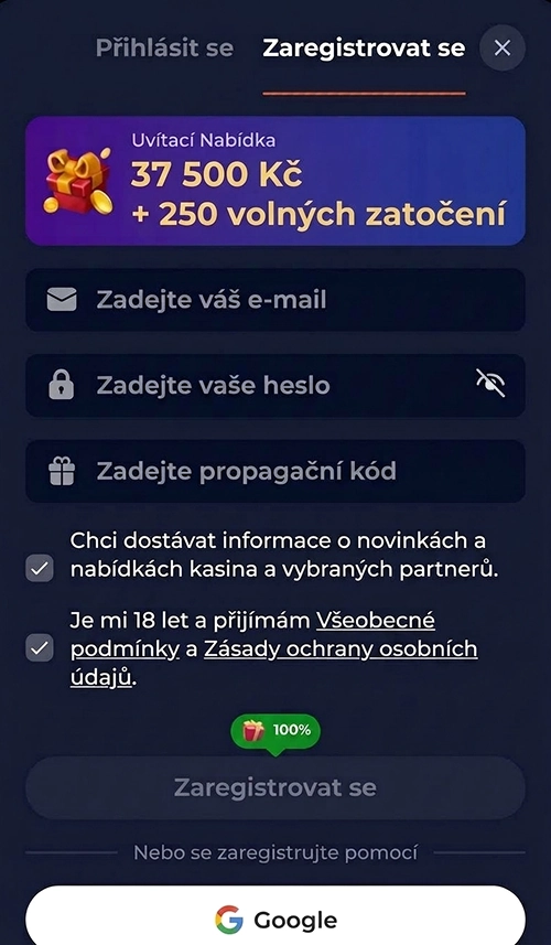 Mobilní registrace do Nine Casino s uvítací nabídkou 37 500 Kč a 250 zatočení