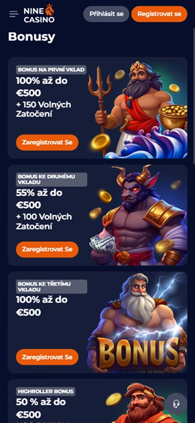 Nine Casino mobilní bonusy s nabídkou až 500 € a 150 volných zatočení